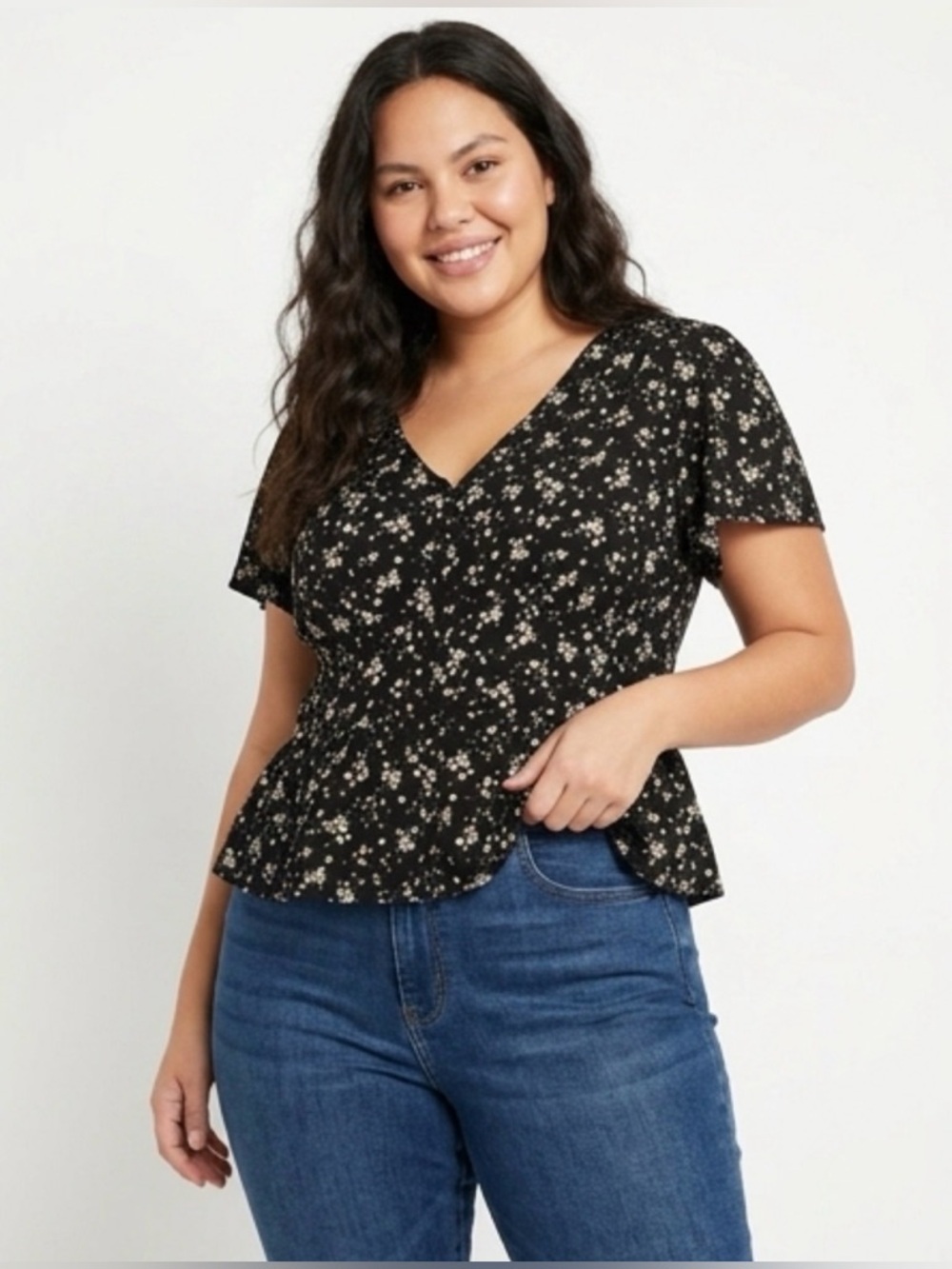 Old Navy Black Floral V-Neck Peplum Top